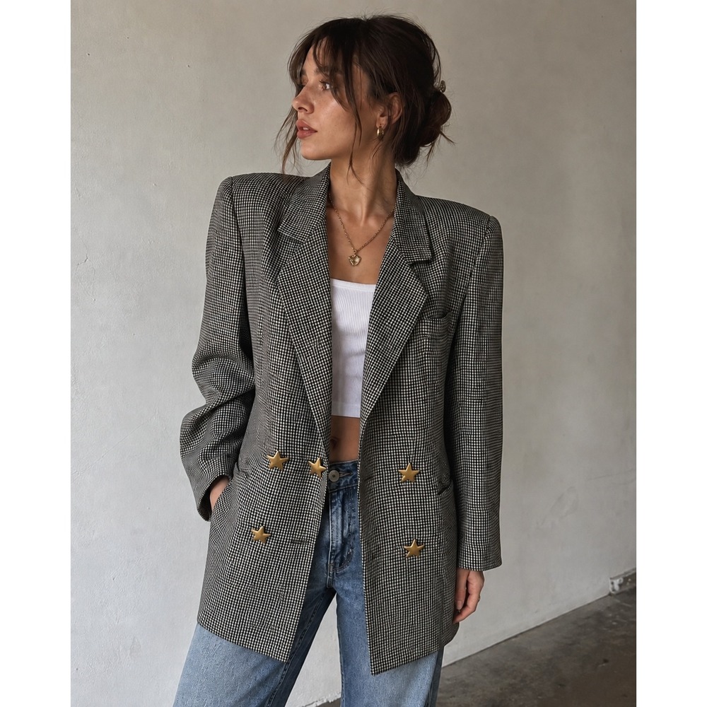 Dana Buchman Blazer Women 4 Black White Gingham Gold Star Button Vintage Jacket